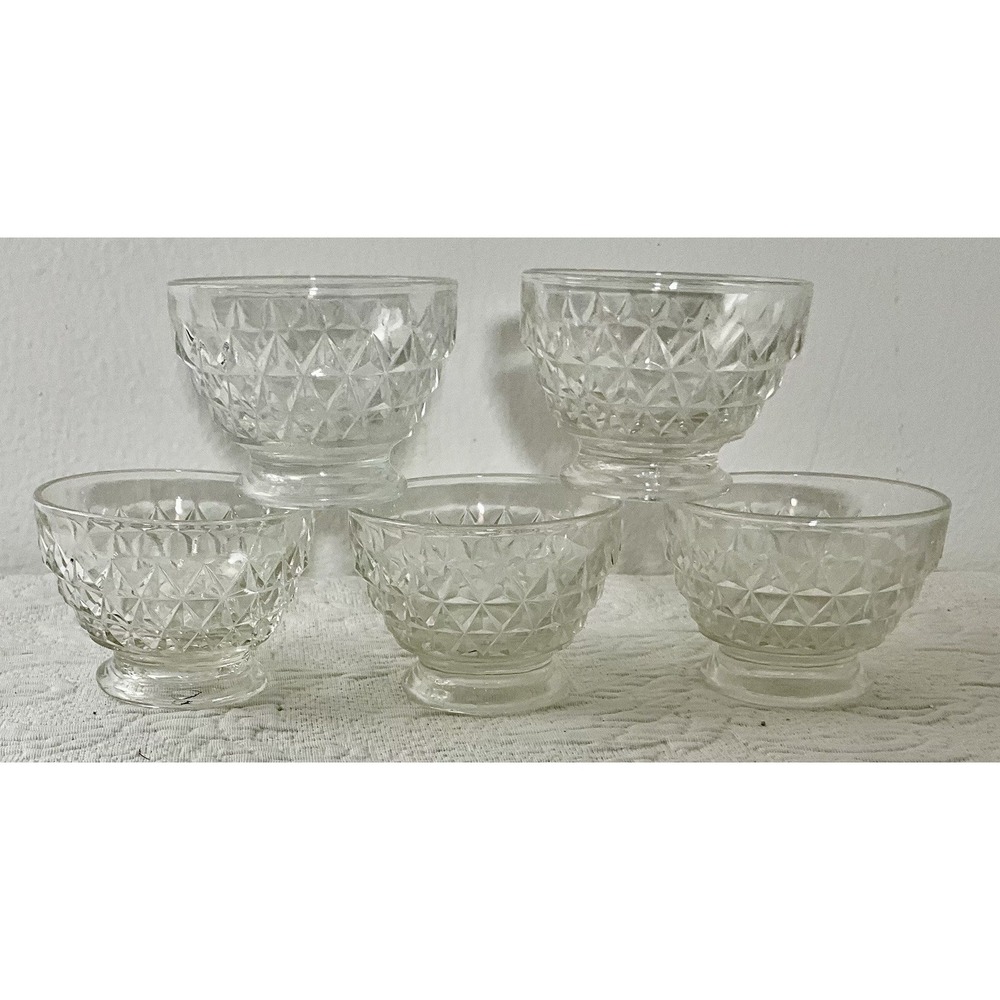 Vintage Cut Glass Diamond Pattern Pressed Dessert Sherbet Footed Bowls Set of 5